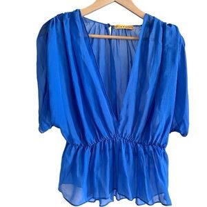 Alice + Olivia Blue Silk V Neck Blouse Size XS